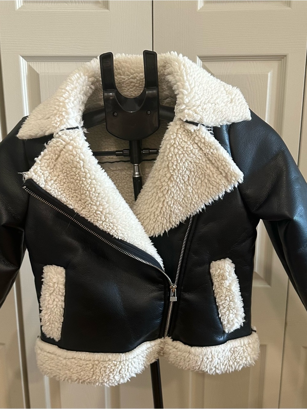 Art Class Girl’s Black Faux Leather Teddy Moto Jacket with Cream Sherpa